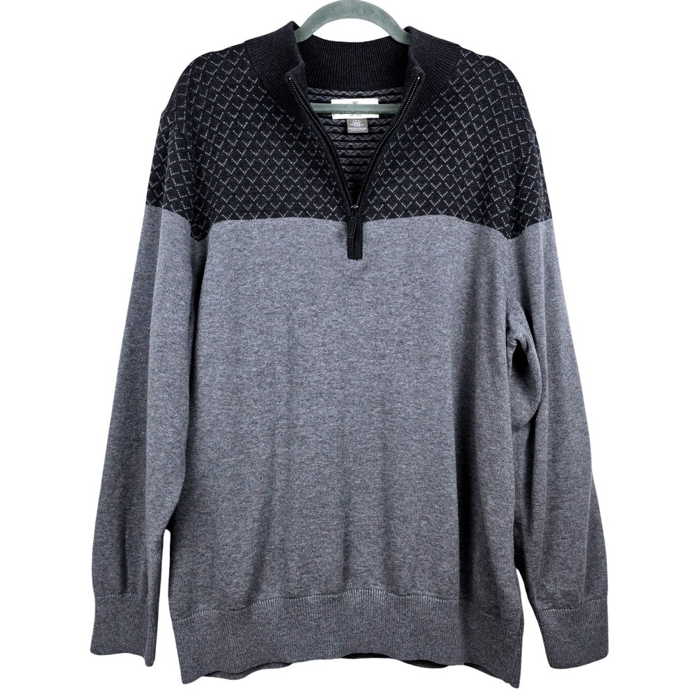 Oak Hill Mens 1XL Gray‎ Geometric Diamond 1/4 Zip Cotton Knit Sweater